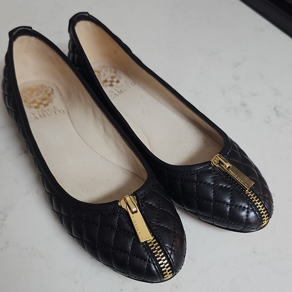 Vince Camuto Black Quilted Flats with Gold Zipper